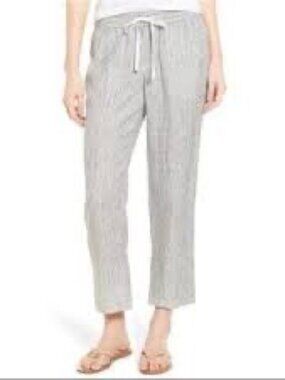 Caslon XL Ivory & Black Seaside Stripe Linen Ankle Pants | Excellent Condition